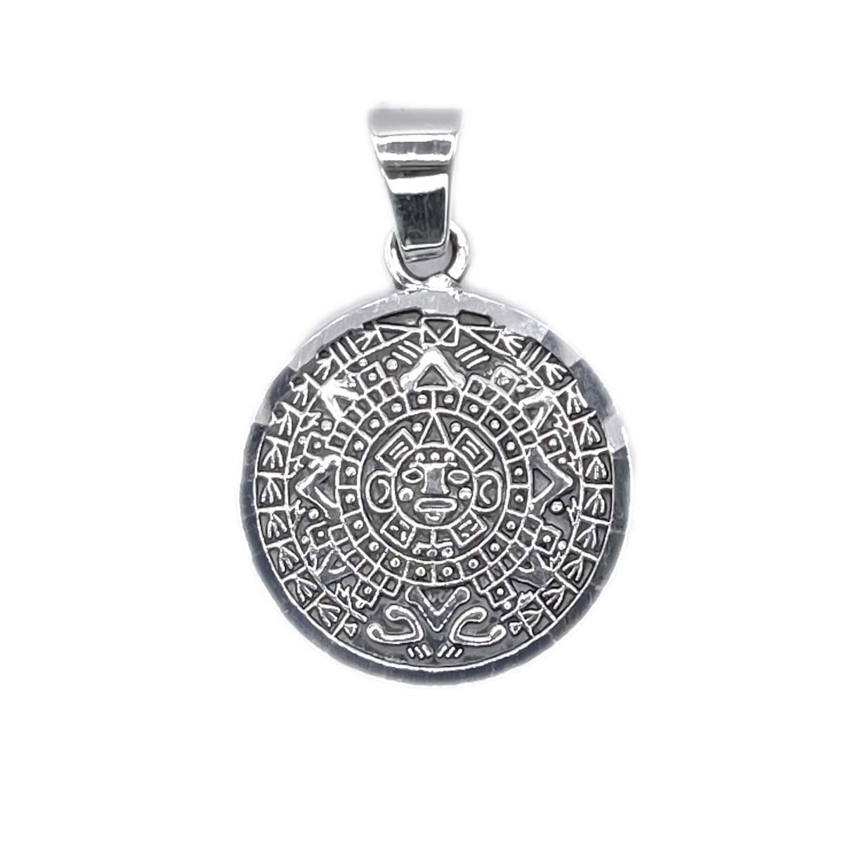 Chiseled Border Aztec Calendar Silver Pendant