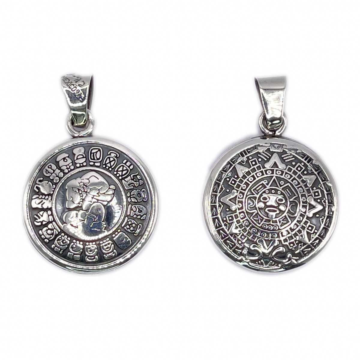 Doble Sided Mayan & Aztec Calendar Beveled Silver Pendant