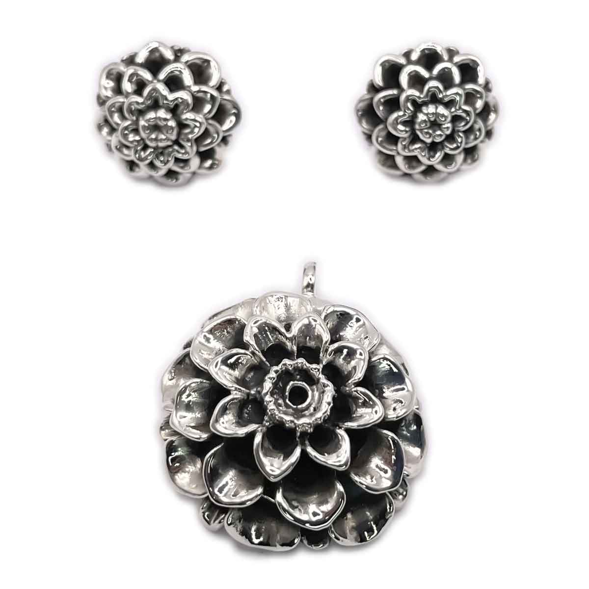 Chrysanthemums Earring and Pendant Silver Set