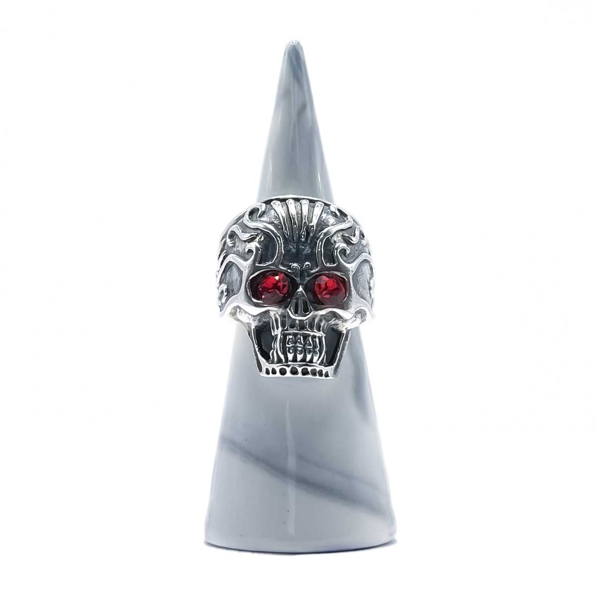 Silver Skull Ring with Red Crystal Eyes